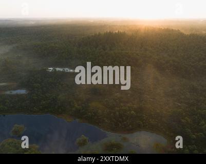 Nature de l'Estonie, marais de Seli au lever du soleil, brouillard des lacs, vue aérienne par drone. Banque D'Images
