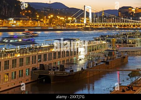 Hongrie, Budapest, vue nocturne des bateaux de croisière amarrés sur le Danube et le pont Elizabeth en arrière-plan. Le Danube est le deuxième ri le plus long Banque D'Images