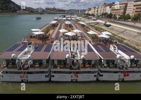 Hongrie, Budapest, vue des bateaux de croisière amarrés sur le Danube et le pont Elizabeth en arrière-plan. Le Danube est le deuxième plus long fleuve de Banque D'Images