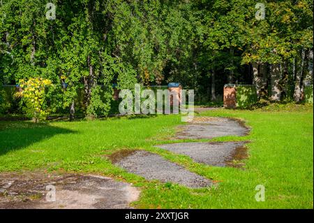 Un chemin goudronné envahi par la végétation dans un parc avec des pommes éparpillées. Jardin pas bien entretenu. Banque D'Images