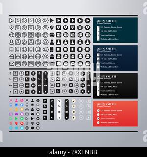 Icônes de carte de visite, informations de contact, collection de modèles de conception d'adresse. Modifiable, EPS 10, illustration vectorielle. Illustration de Vecteur