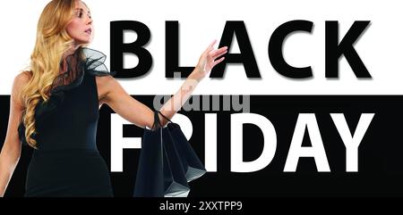 Affiche. Femme élégante et élégante avec des paquets noirs en robe noire tenant des sacs à provisions contre le texte gras DU VENDREDI NOIR en NOIR contrastant NOIR et blanc. Banque D'Images
