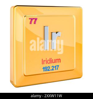 Iridium IR, signe d'élément chimique avec le numéro 77 dans le tableau périodique. Rendu 3D isolé sur fond blanc Banque D'Images