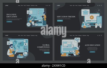 Tendances de l'éducation. Plateformes d’apprentissage inclusives, outils d’apprentissage en ligne modernes, développement des compétences mondiales, intégration de l’IA dans les salles de classe. Illustration vectorielle. Illustration de Vecteur