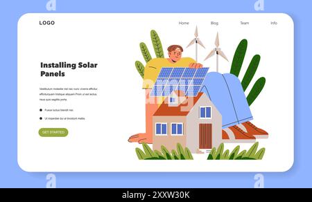 Concept d'énergie durable. Une personne installe des panneaux solaires sur une maison avec des éoliennes en arrière-plan. Énergie renouvelable et vie verte. Illustration vectorielle. Illustration de Vecteur