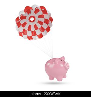 Tirelire tombant dans un parachute isolé sur fond blanc. illustration 3d. Banque D'Images