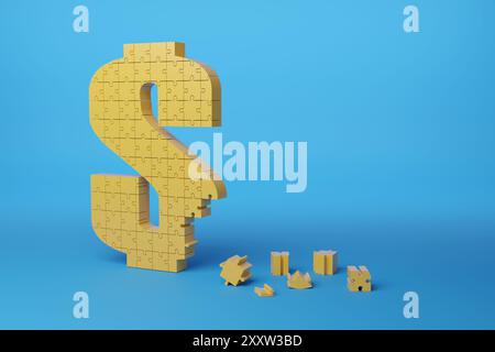 Puzzle en forme de signe dollar avec des pièces détachées avec espace de copie. illustration 3d. Banque D'Images