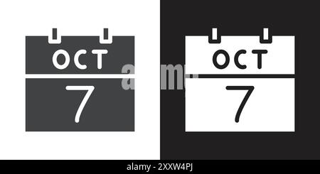 7 octobre icône de date Flat Set dans le vecteur de contour de couleur noir et blanc Illustration de Vecteur