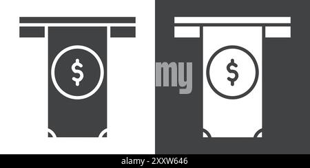 Retirer de l'argent dans ATM Icon Flat Set dans le vecteur de contour de couleur noir et blanc Illustration de Vecteur