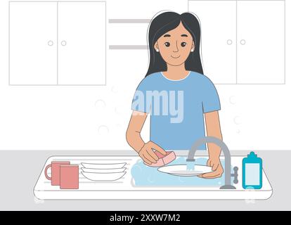 Jeune femme faisant la vaisselle dans la cuisine de la maison. Belle fille faisant des travaux ménagers. Concept de nettoyage et de rangement, graphiques vectoriels Illustration de Vecteur