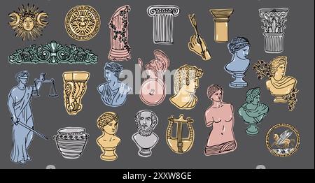 Doodle illustration colorée à la mode de sculptures grecques anciennes et colonnes Illustration de Vecteur