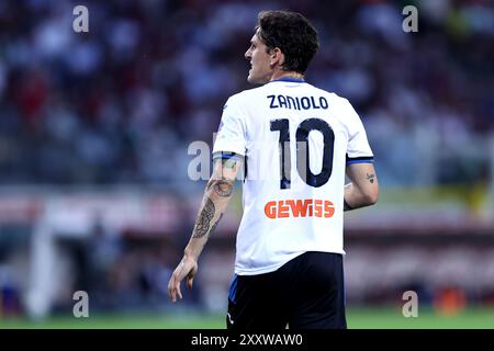 Turin, Italie. 25 août 2024. Nicolo Zaniolo d'Atalanta BC regarde pendant le match de football Serie A entre Torino FC et Atalanta BC. Crédit : Marco Canoniero/Alamy Live News Banque D'Images