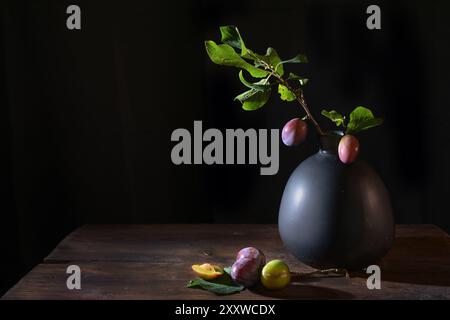 Brindille de prunes avec des fruits et des feuilles dans un vase et quelques prunes sur une table en bois rustique sur un fond noir, la nourriture sombre et de mauvaise humeur nature encore nature, copie s. Banque D'Images