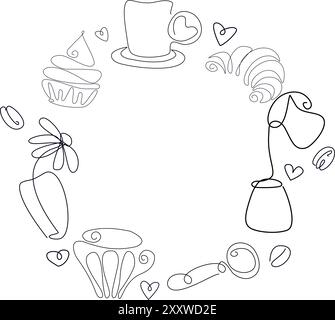 Bonjour avec Coffee Doodles Editable Stroke. Esquisser l'esquisse dessinée à la main pour les boissons chaudes. Illustration vectorielle Cup of Coffee Line Art Illustration de Vecteur