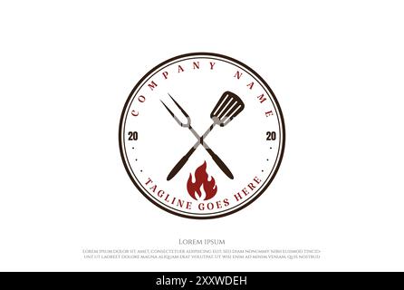 Rustic Retro Vintage Croisé Fork et spatule pour BBQ barbecue Grill logo Design Vector Illustration de Vecteur