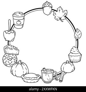 Articles d'automne et carte alimentaire. Joyeux Thanksgiving et symboles traditionnels d'Halloween. Illustration de Vecteur