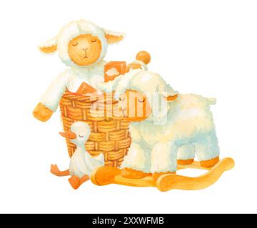 Composition aquarelle de jouets en peluche et en bois dans un panier en osier avec moutons à bascule et canetons ou gosling doux à côté. Clipart isolé dessiné à la main Banque D'Images