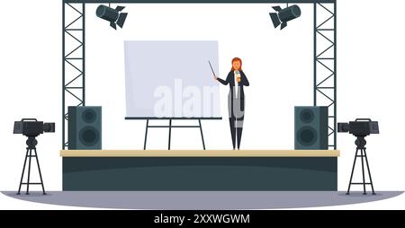 Conférencière publique féminine prononçant un discours sur scène avec microphone, projecteurs, système de son, caméras et tableau blanc vide Illustration de Vecteur