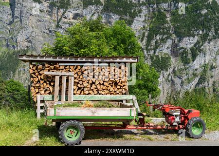 Gimmelwad, Suisse - 23 juillet 2024 : matériel de tracteur agricole garé à côté d'une pile de bûches de bois Banque D'Images