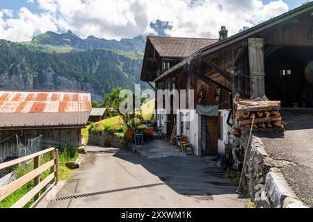 Gimmelwad, Suisse - 23 juillet 2024 : jolie vue de divers bâtiments dans les Alpes suisses - village de Gimmelwald Banque D'Images