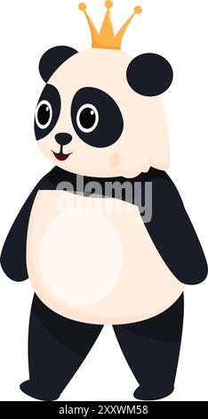 Mignon et drôle ours de panda de bande dessinée portant une couronne d'or est debout Illustration de Vecteur