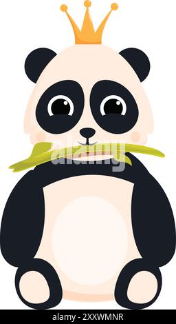 Adorable ours de panda de dessin animé portant une couronne dorée et mâchant un morceau de bambou Illustration de Vecteur