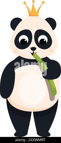 Illustration de dessin animé d'un ours panda portant une couronne d'or et appréciant manger une pousse de bambou Illustration de Vecteur
