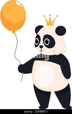 Mignon ours de panda de dessin animé portant une couronne d'or et tenant un ballon orange Illustration de Vecteur