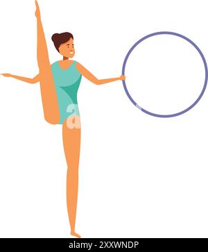 Jeune femme en léotard turquoise fait un exercice de gymnastique rythmique avec cerceau Illustration de Vecteur