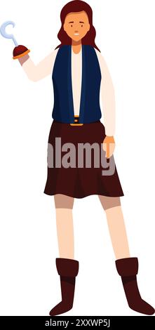 Jeune femme souriante portant un costume de pirate tenant la main du crochet vers le haut en se tenant debout Illustration de Vecteur