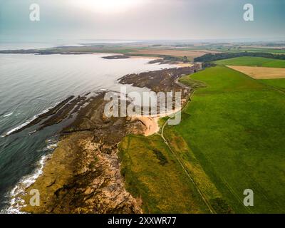 Le drone capture une vue imprenable sur Longhoughton Beach, avec des rives sablonneuses rencontrant des eaux de mer calmes le long de champs verdoyants et de formations rocheuses Banque D'Images