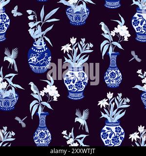 Modèle sans couture avec des vases et des fleurs bleus chinois. Vecteur. Illustration de Vecteur