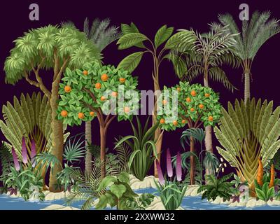 Paysage avec des arbres de la jungle et des fleurs pour les papiers peints des enfants. Vecteur. Illustration de Vecteur