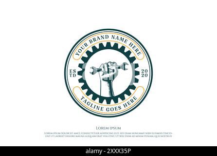 Clé à main rétro Gear pour garage Custom Workshop logo Design Vector Illustration de Vecteur