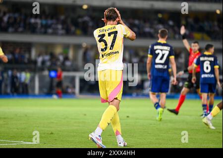 Juventusâs Nicolo Savona montre sa déception lors du Hellas Verona FC vs Juventus FC, match de football italien Serie A à Vérone, Italie, août 26 2024 Banque D'Images