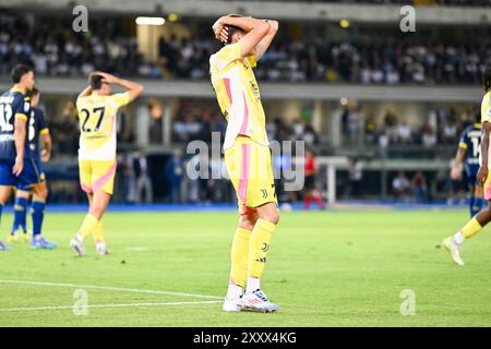 Juventusâs Nicolo Savona montre sa déception lors du Hellas Verona FC vs Juventus FC, match de football italien Serie A à Vérone, Italie, août 26 2024 Banque D'Images