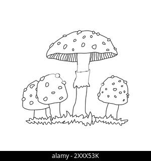 Dessin à la main noir blanc de dessin animé de champignons agariques à la mouche. Icône de vecteur isolé sur fond blanc Illustration de Vecteur