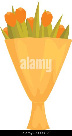 Bouquet de tulipes orange enveloppé dans du papier jaune debout dans un vase jaune sur un fond blanc Illustration de Vecteur