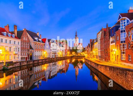 Bruges, Belgique : vue nocturne du quartier de Burg depuis le canal Spiegelrei, Europe Banque D'Images