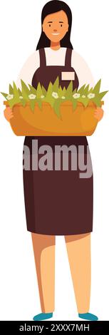 Jardinière féminine souriante tient une boîte à fleurs avec les deux mains Illustration de Vecteur