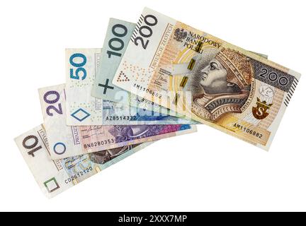 Gamme de billets de banque polonais 10, 20, 50, 100, 200 Zloty sur fond blanc. Banque D'Images