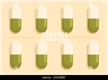 Plaquette thermoformée contenant des gélules vertes et blanches disposées sur deux rangées Illustration de Vecteur