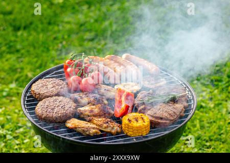 diverses viandes et légumes sur le barbecue au charbon de bois brûlant sur fond d'herbe verte Banque D'Images