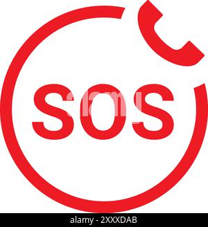 Le symbole graphique rouge et blanc représente les lettres sos avec un récepteur téléphonique cassé, indiquant un appel téléphonique d'urgence Illustration de Vecteur