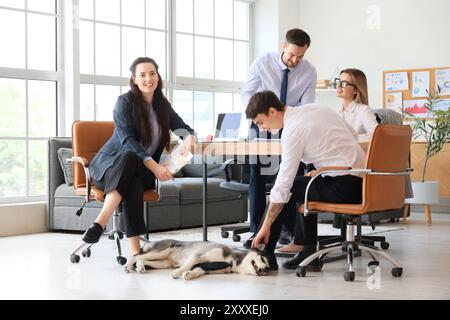 Collègues d'affaires avec chien Husky drôle assis à table dans le bureau Banque D'Images