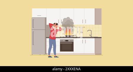Feu dans la cuisine et femme paniquée avec la tête dans les mains, une casserole brûle sur le poêle, la sécurité à la maison et le concept d'assurance Illustration de Vecteur