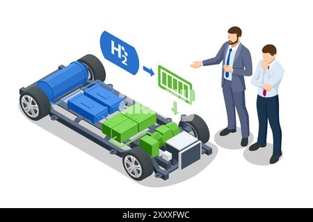 Schéma isométrique de la voiture à hydrogène montrant la source d'énergie renouvelable H2. Schéma étiqueté mettant en évidence le moteur, la batterie et les composants de la PCU pour une utilisation écologique Illustration de Vecteur