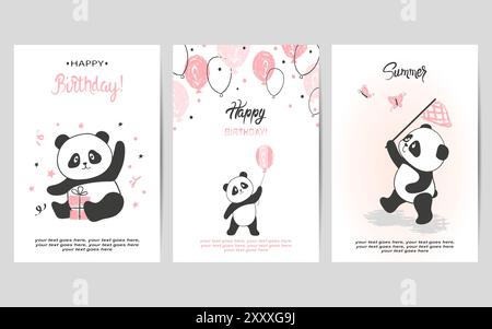 Ensemble de cartes d'anniversaire avec de mignons panda ours. Illustration vectorielle Illustration de Vecteur