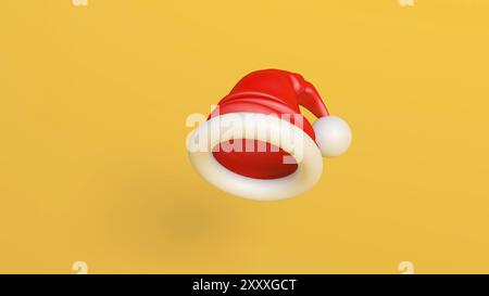 Illustration 3D d'un chapeau de Père Noël rouge avec garniture blanche moelleuse et pompon, isolé sur un fond jaune vif. Idéal pour les vacances festives des Banque D'Images