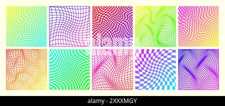 Motif à carreaux groovy, grille carrelée déformée au néon. Fond courbe ondulée vintage, effet de distorsion. Texture d'échiquier géométrique funky, rétro Illustration de Vecteur